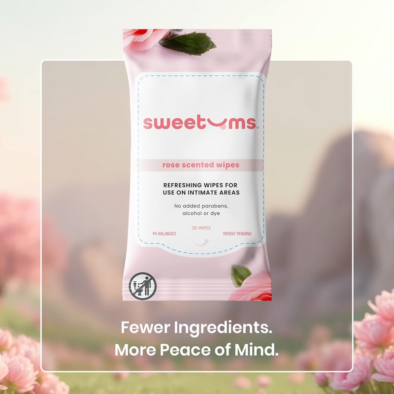 Sweetums Rose Scented Daily Feminine Wipes for Women – pH Balanced Unflavored Intimate Wipes – Water-Based, Aloe-Infused, Gentle on Sensitive Skin – Vegan, No Alcohol or Dyes, Travel-Friendly - 30ct - Image 3